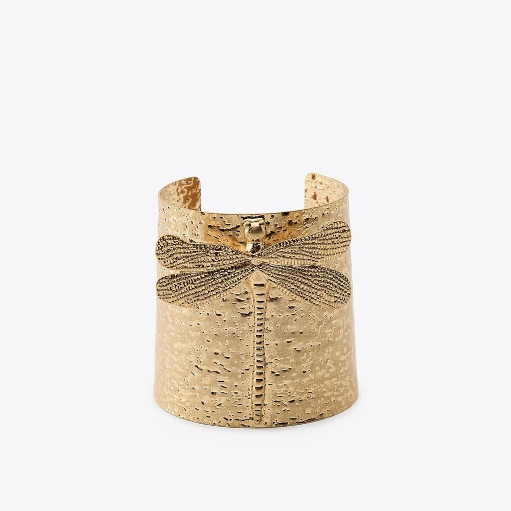 NWOT. Zara Golden Wide Textured Dragonfly Metal Cuff Bracelet.